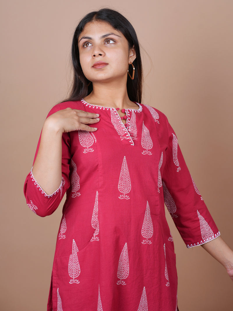 Red Dabu Print With Neck And Sleeve Detailing Kurta Pant