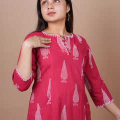Red Dabu Print With Neck And Sleeve Detailing Kurta Pant