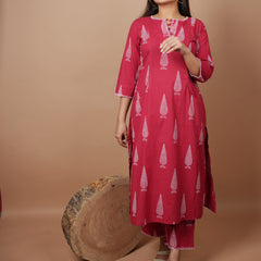 Red Dabu Print With Neck And Sleeve Detailing Kurta Pant