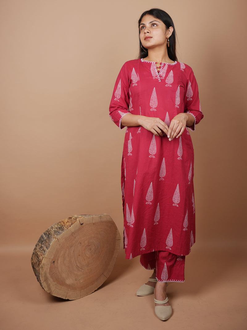 Red Dabu Print With Neck And Sleeve Detailing Kurta Pant