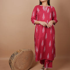 Red Dabu Print With Neck And Sleeve Detailing Kurta Pant