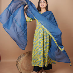 Green Print With Neck Embroidered Kurta Duppatta Set