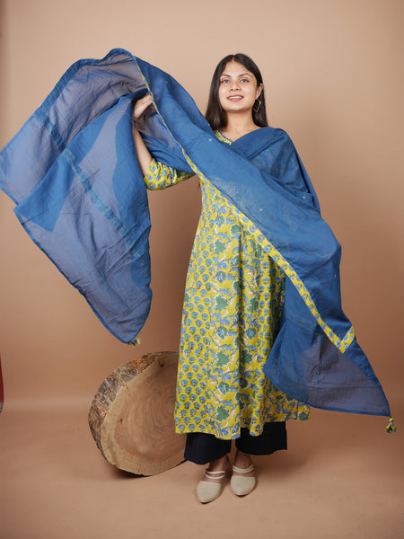 Green Print With Neck Embroidered Kurta Duppatta Set