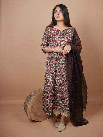 Brown Ajrakh Kurta Duppatta Set