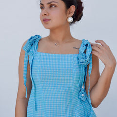 Neelara Gingham Cotton Flora Aqua Dress