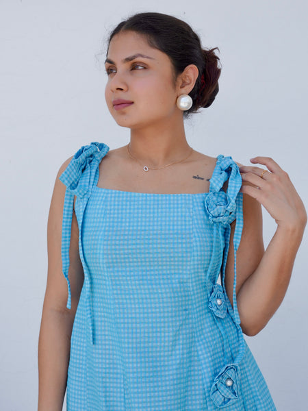Neelara Gingham Cotton Flora Aqua Dress