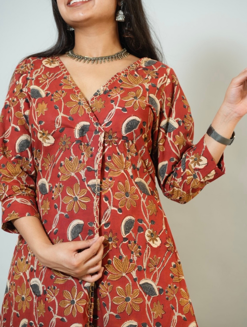 Meera Hand Block Printed Angrakha Pattern Kurta With Hand Embroidery Details