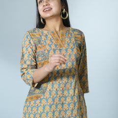 Adweta Sanganeri Hand Block Printed Pocket Styled officewear Kurta detailed with kantha Embroidery