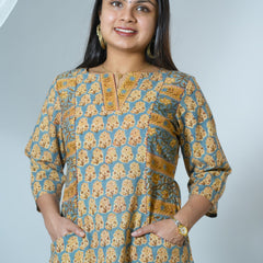 Adweta Sanganeri Hand Block Printed Pocket Styled officewear Kurta detailed with kantha Embroidery
