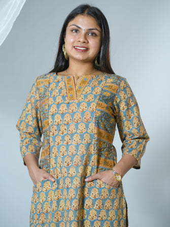 Adweta Sanganeri Hand Block Printed Pocket Styled officewear Kurta detailed with kantha Embroidery