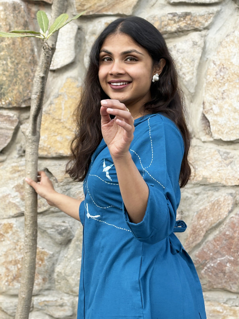 Blue wings Hand Embroidered Cotton Flax Dress (Pre-LAunch)