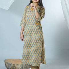 Adweta Sanganeri Hand Block Printed Pocket Styled officewear Kurta detailed with kantha Embroidery