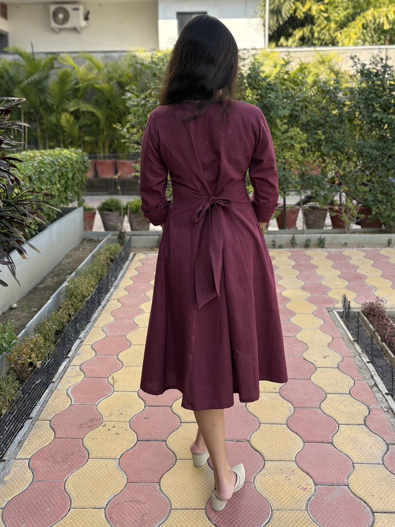 Wings In Wine Hand Embroidery Cotton Flax Dress