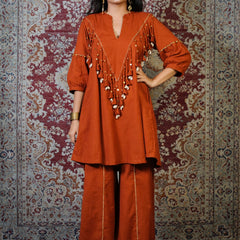 MITTI-Terracotta Embellished Dress cum Kurta Palazzo Set