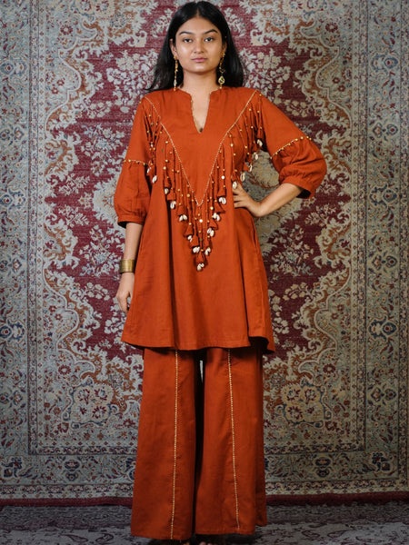 MITTI-Terracotta Embellished Dress cum Kurta Palazzo Set