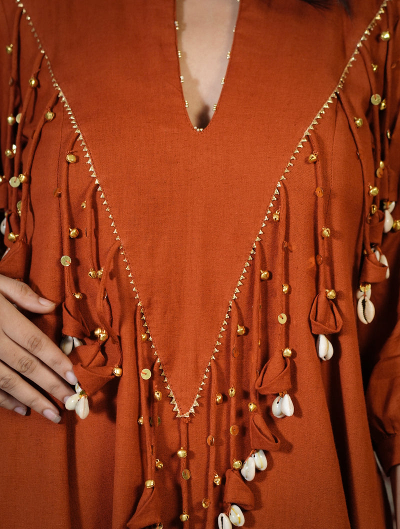 MITTI-Terracotta Embellished Dress cum Kurta Palazzo Set