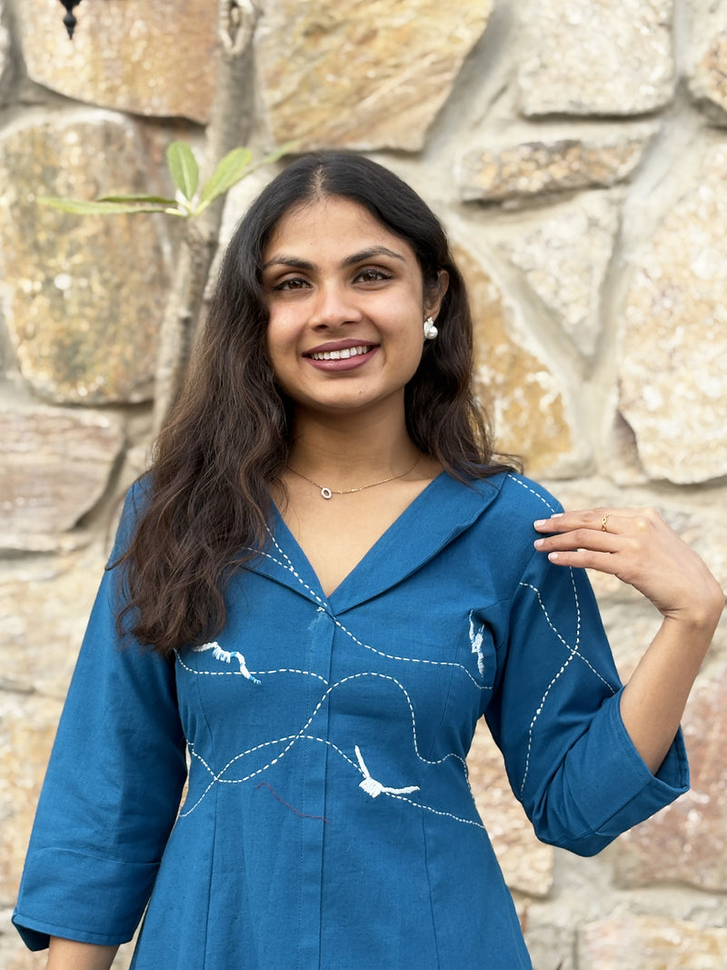 Blue wings Hand Embroidered Cotton Flax Dress (Pre-LAunch)