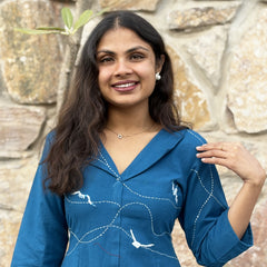 Blue wings Hand Embroidered Cotton Flax Dress (Pre-LAunch)