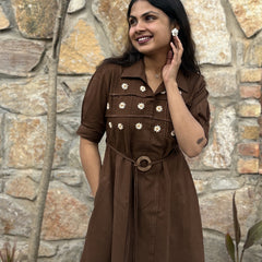 Chestnut Charm Hand Embroidered Cotton Flax Dress (Pre-LAunch)