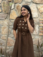 Chestnut Charm Hand Embroidered Cotton Flax Dress (Pre-LAunch)