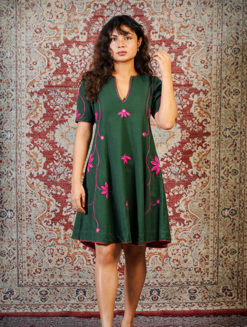 LEHER-Emerald Green Handcrafted Floral Dress cum Kurta Pant Set