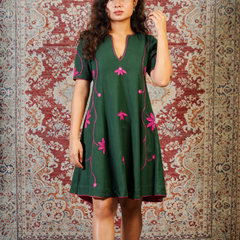 LEHER-Emerald Green Handcrafted Floral Dress cum Kurta Pant Set