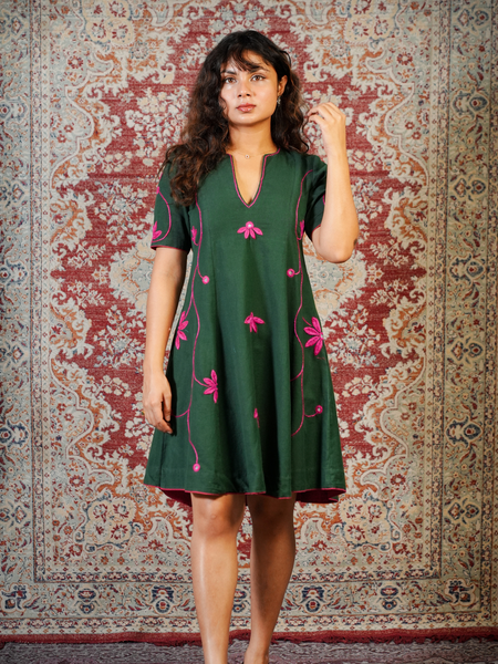 LEHER-Emerald Green Handcrafted Floral Dress cum Kurta Pant Set