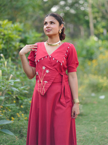 Aarohi Cotton Flax Skirt Top Set | Shell Embellished Wrap Top