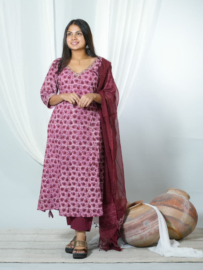 Trinetra Hand Block Printed Cotton Kurta Dupatta Set