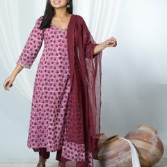 Trinetra Hand Block Printed Cotton Kurta Dupatta Set
