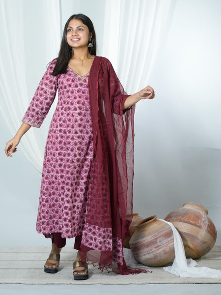 Trinetra Hand Block Printed Cotton Kurta Dupatta Set