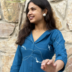 Blue wings Hand Embroidered Cotton Flax Dress (Pre-LAunch)