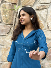 Blue wings Hand Embroidered Cotton Flax Dress (Pre-LAunch)