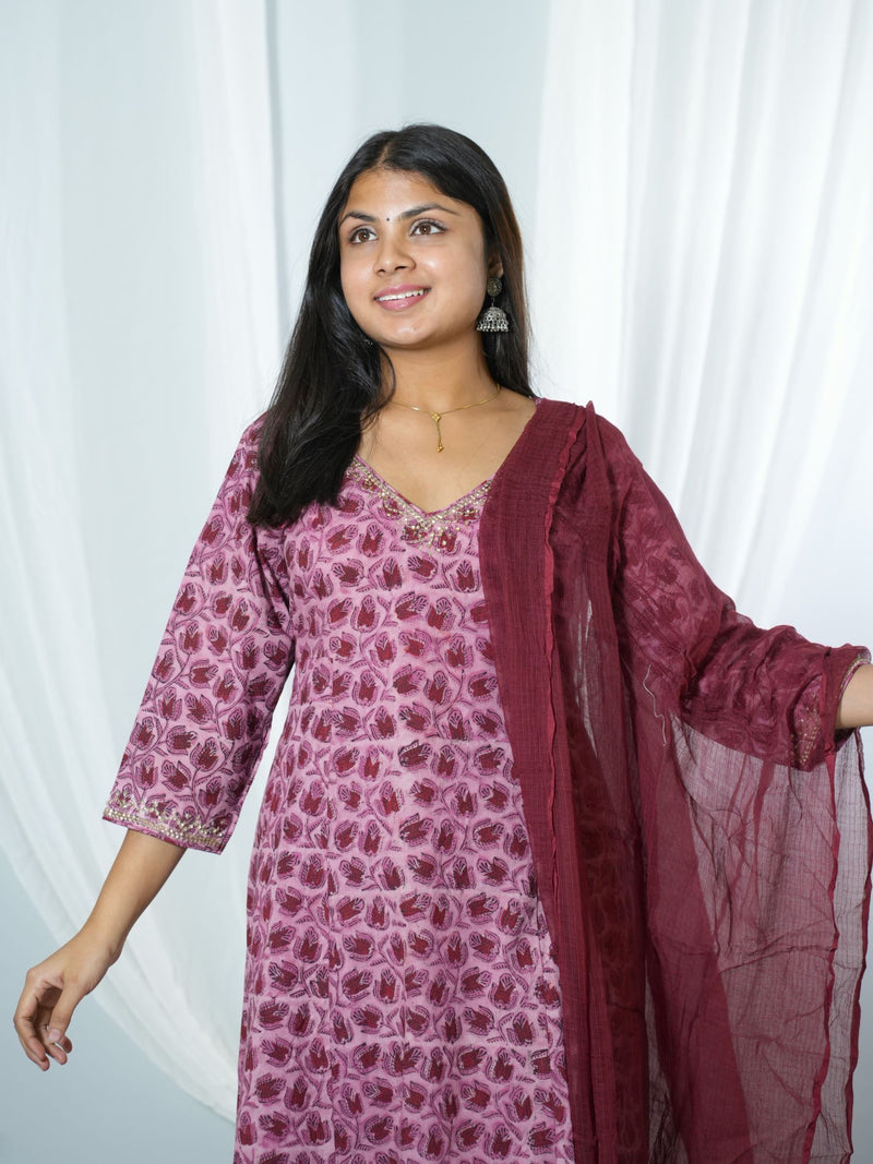Trinetra Hand Block Printed Cotton Kurta Dupatta Set