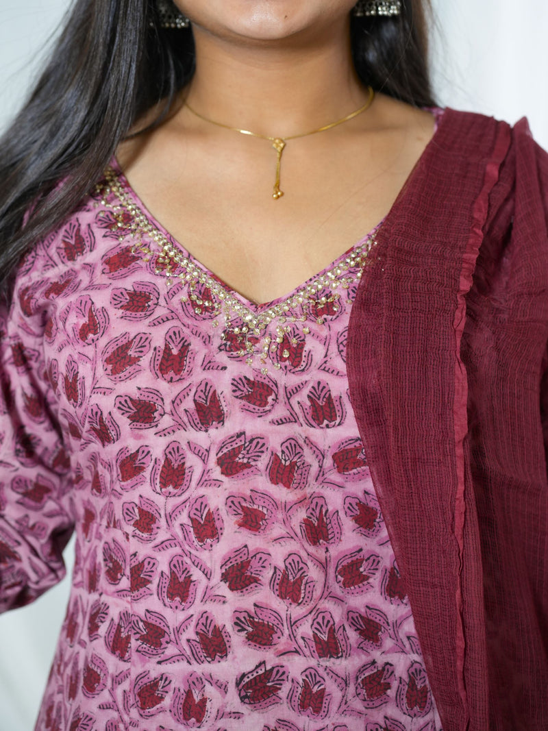 Trinetra Hand Block Printed Cotton Kurta Dupatta Set