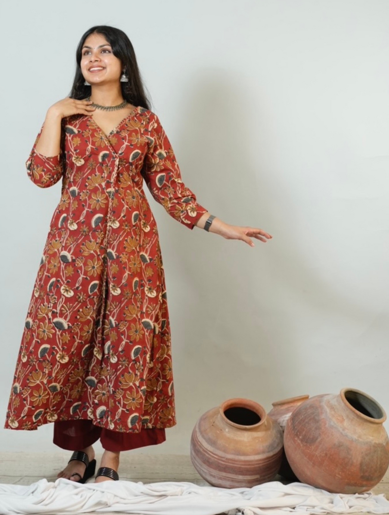 Meera Hand Block Printed Angrakha Pattern Kurta With Hand Embroidery Details