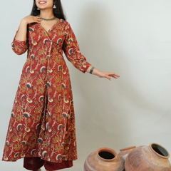 Meera Hand Block Printed Angrakha Pattern Kurta With Hand Embroidery Details