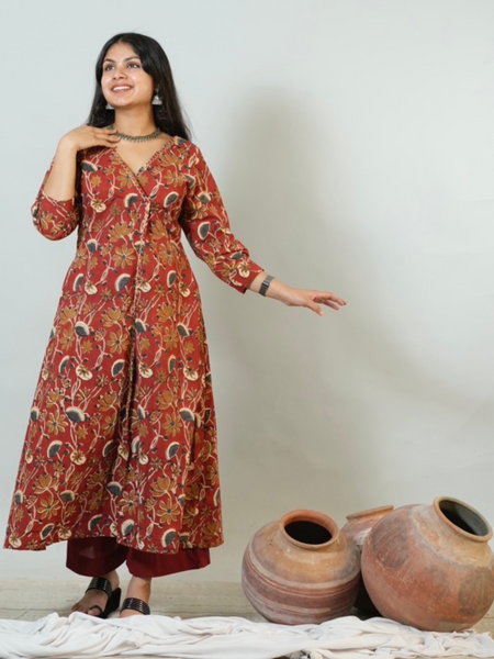 Meera Hand Block Printed Angrakha Pattern Kurta With Hand Embroidery Details