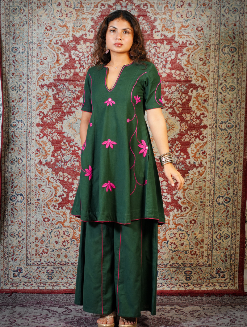 LEHER-Emerald Green Handcrafted Floral Dress cum Kurta Pant Set