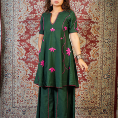 LEHER-Emerald Green Handcrafted Floral Dress cum Kurta Pant Set