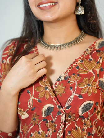 Meera Hand Block Printed Angrakha Pattern Kurta With Hand Embroidery Details