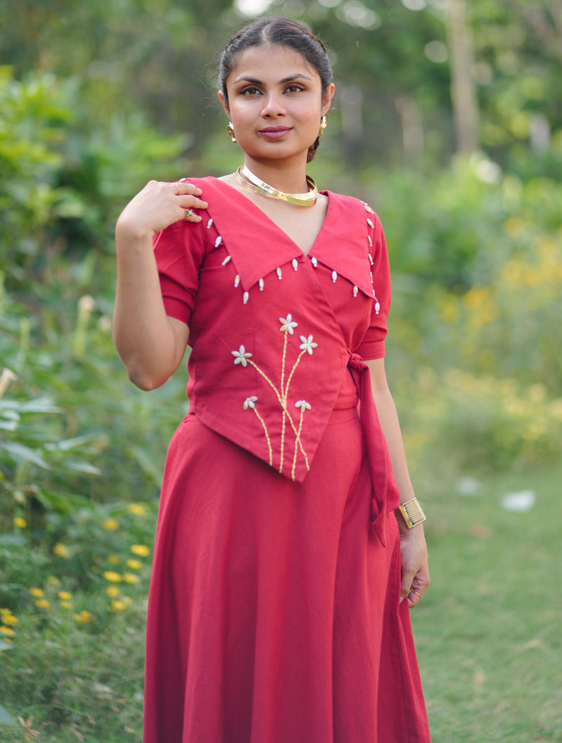 Aarohi Cotton Flax Skirt Top Set | Shell Embellished Wrap Top