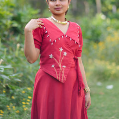 Aarohi Cotton Flax Skirt Top Set | Shell Embellished Wrap Top