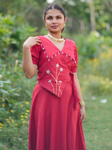 Aarohi Cotton Flax Skirt Top Set | Shell Embellished Wrap Top