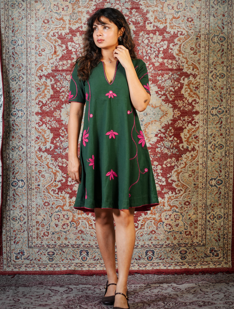 LEHER-Emerald Green Handcrafted Floral Dress cum Kurta Pant Set