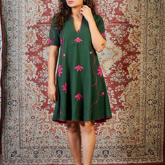 LEHER-Emerald Green Handcrafted Floral Dress cum Kurta Pant Set