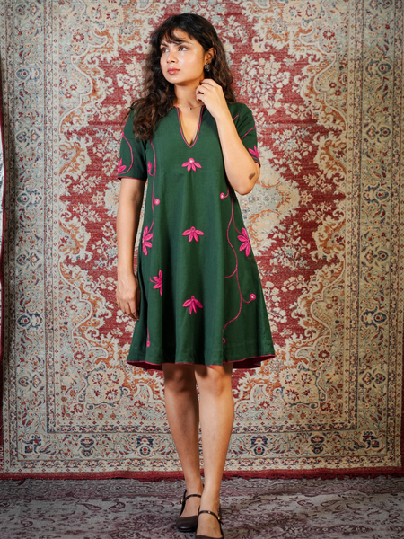 LEHER-Emerald Green Handcrafted Floral Dress cum Kurta Pant Set