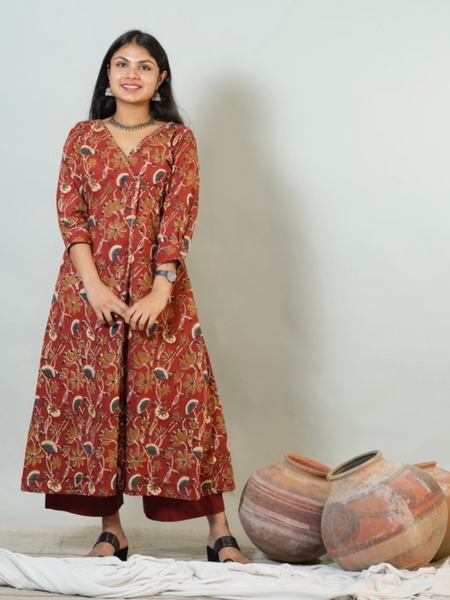 Meera Hand Block Printed Angrakha Pattern Kurta With Hand Embroidery Details