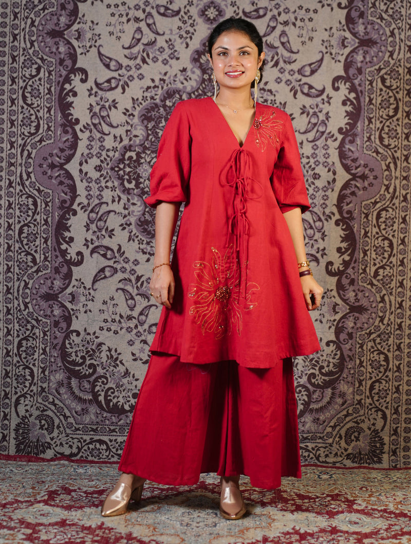 Surajmukhi Red Hand Embroidered Co-ord Set with Palazzo