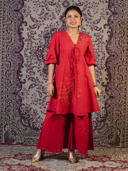 Surajmukhi Red Hand Embroidered Co-ord Set with Palazzo